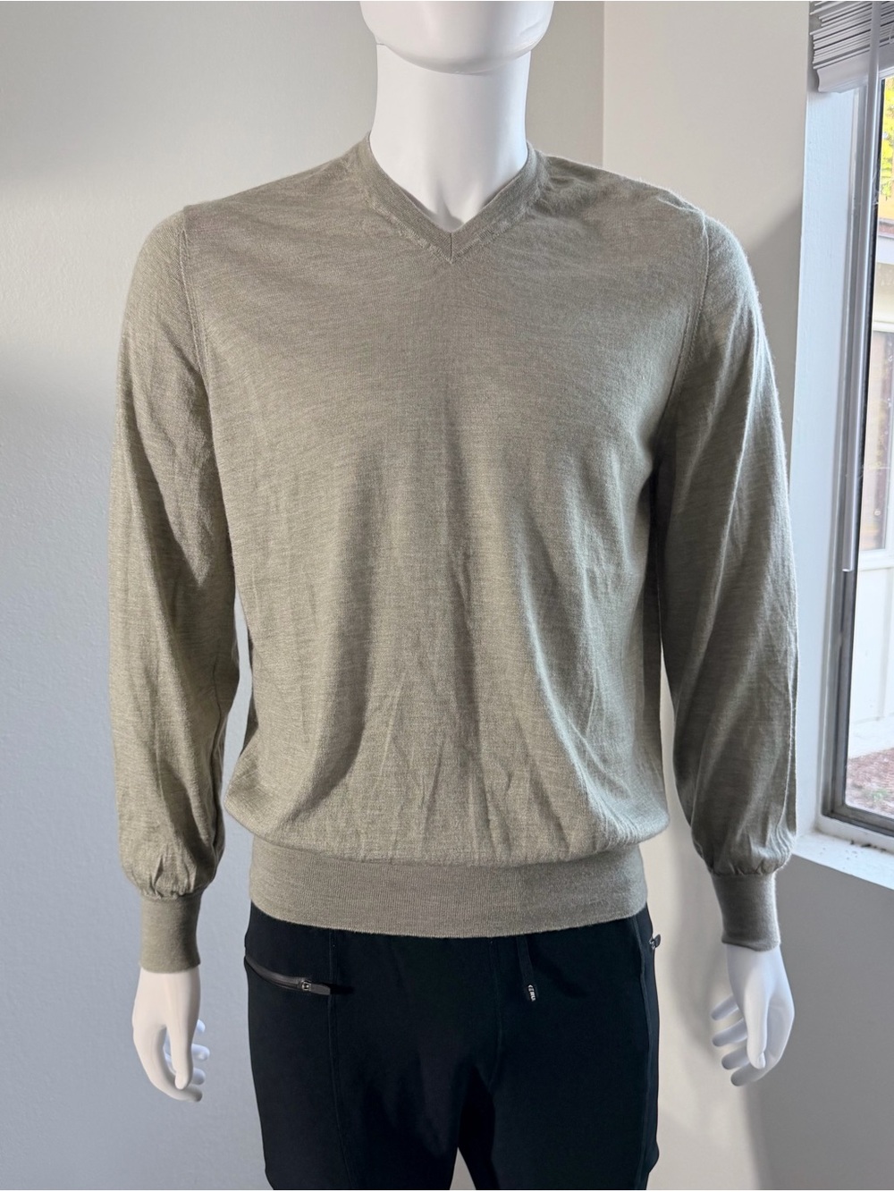 Brunello Cucinelli Olive Cashmere V-Neck Sweater